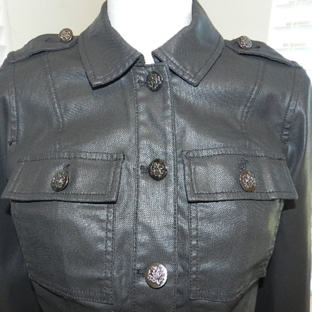 White House Black Market Black Coated Denim Cropped Pocket Jacket Size 4P - Picture 4 of 16